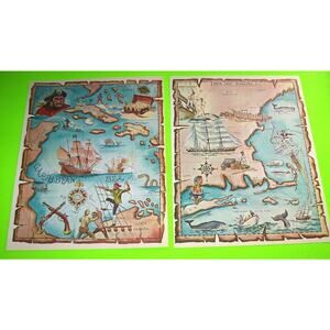 Pirate Ship Art Prints Treasure Chest Map Sea Monsters Ocean Whales Set Of 2